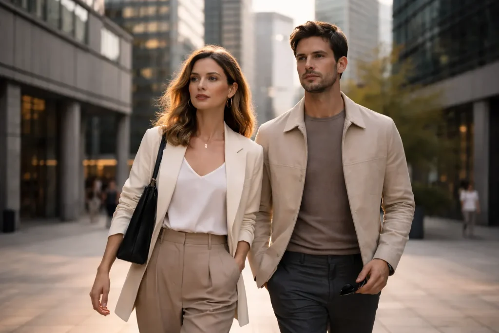 Stylish couple walking in urban setting.