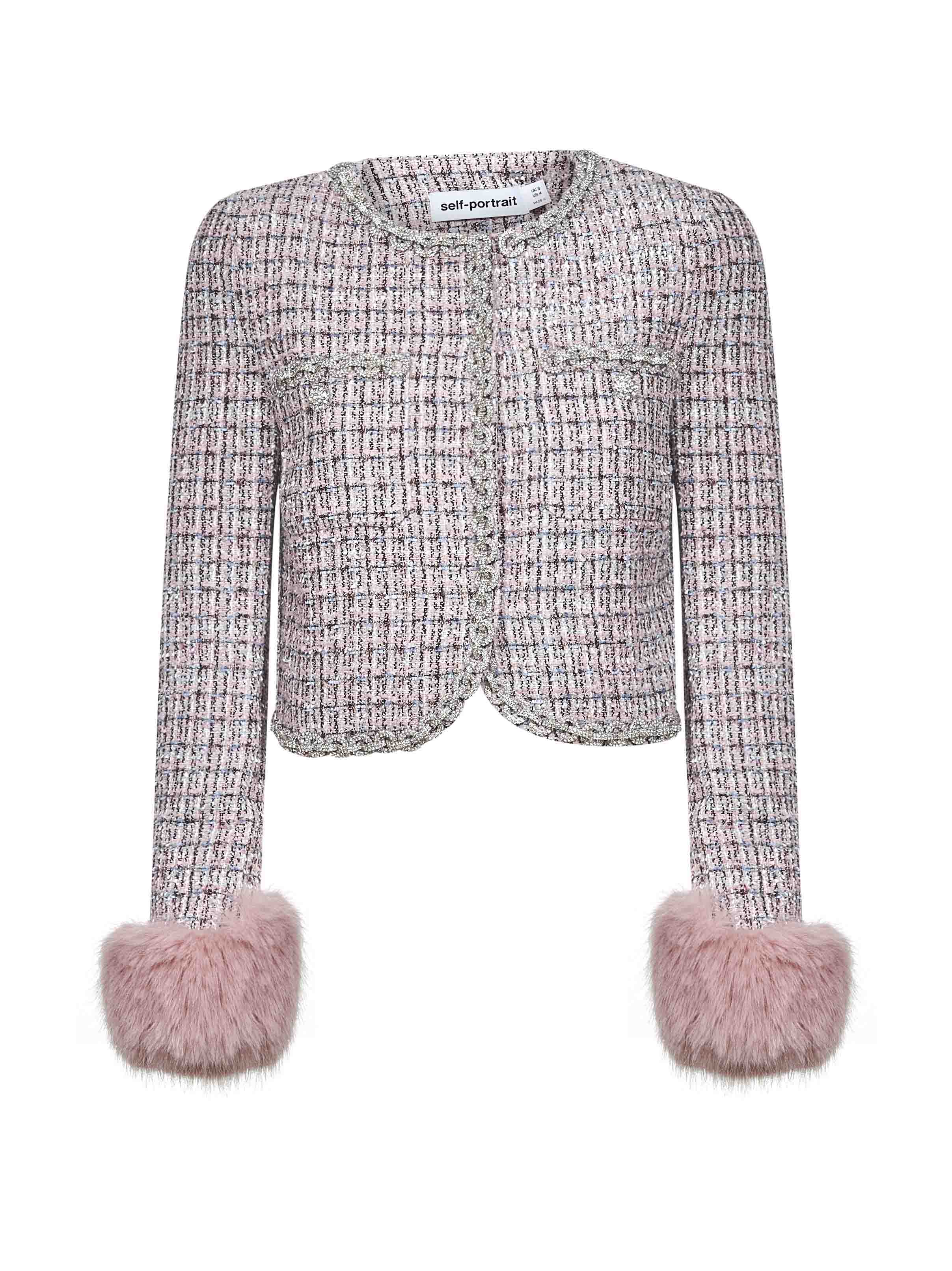 Stylish Elegance: SELF PORTRAIT Pink Bouclé Faux Fur Cuffs Jacket Review for Women Size 10