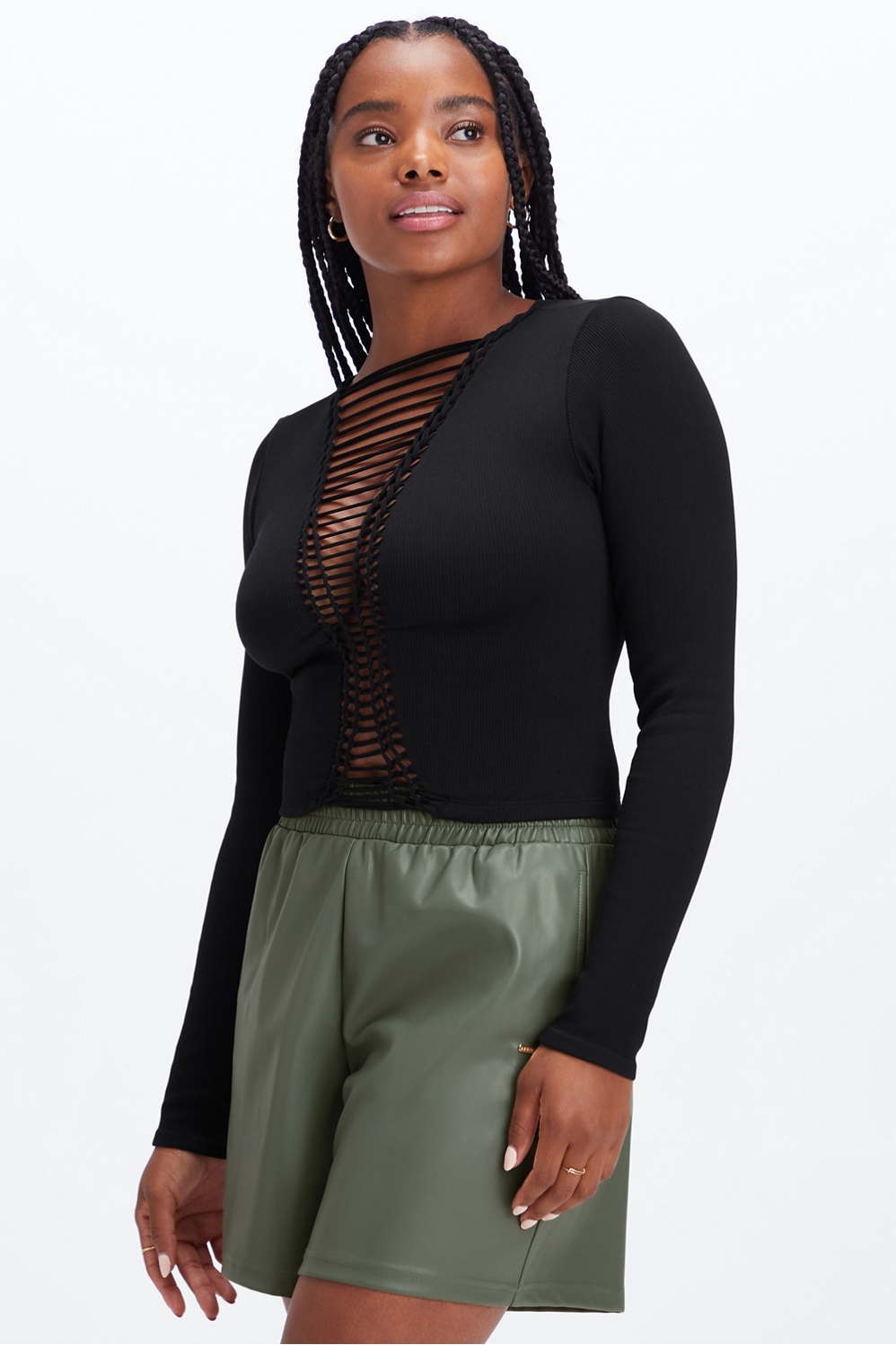 Ribbed Seamless Braided Long-Sleeve Top Womens black S Fabletics